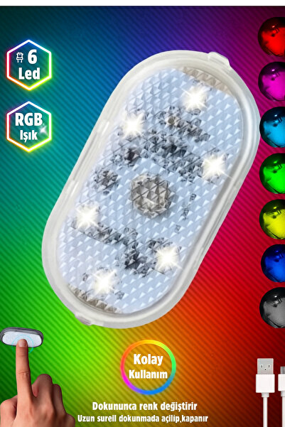 Mbois Dokunmatik Mini 6 Led Lamba Usb Şarj Edilebilir RGB Işık Ayak Altı Torpido Lambası 7 Renk