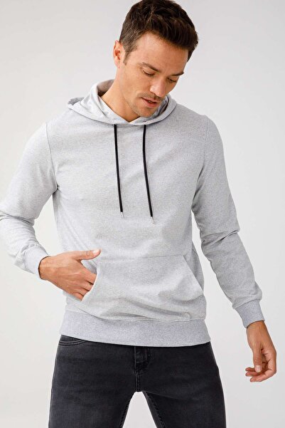 İgs Men's A.Grey Modernfit / Extra Slim Fit Hooded Zipperless Sweatshirt