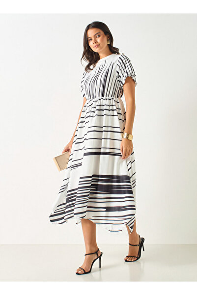 2Xtremz Striped Dress With Asymmetrical Hemline And Pearl Accent
