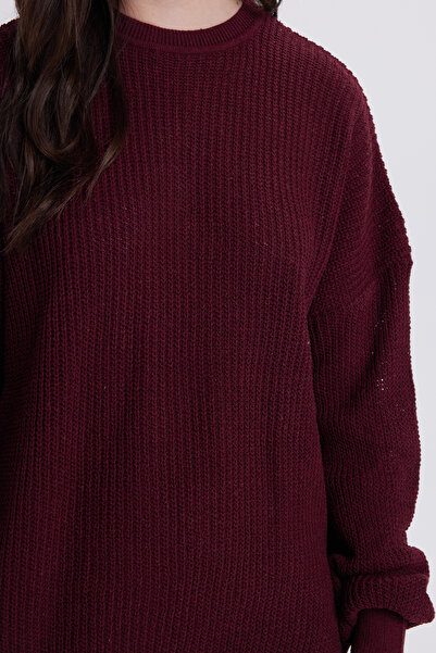 Tudors Women's Oversized Wide Cut Knitted Detailed Crew Neck Burgundy Sweater