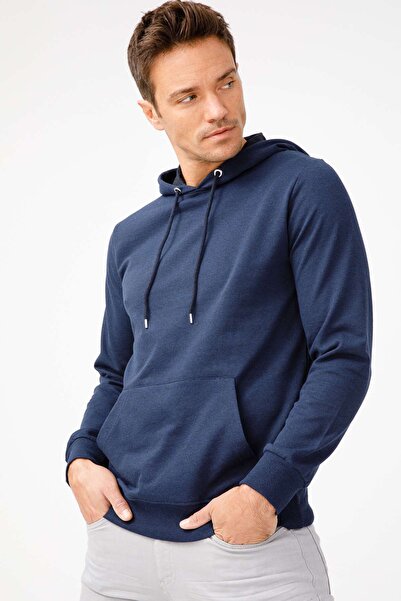 İgs Men's Navy Blue Modernfit / Extra Slim Fit Hooded Zipperless Sweatshirt
