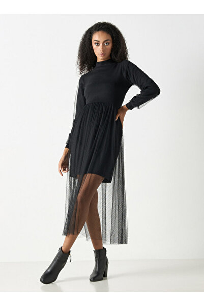 2Xtremz Mesh Textured Midi Dress With Long Sleeves And High Neck