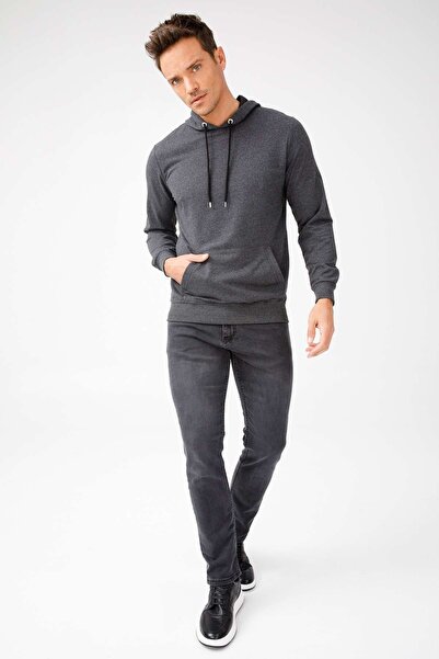 İgs Men's Anthracite Modernfit / Extra Slim Fit Hooded Zipperless Sweatshirt