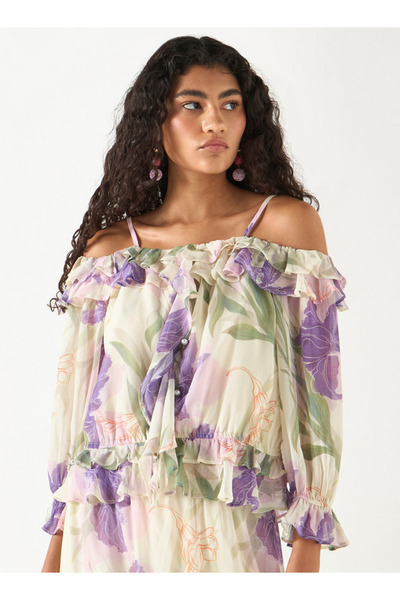 2Xtremz All-Over Floral Print Off Shoulder Top with Ruffles