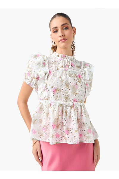 2Xtremz Floral Print High Neck Peplum Top with Ruffles