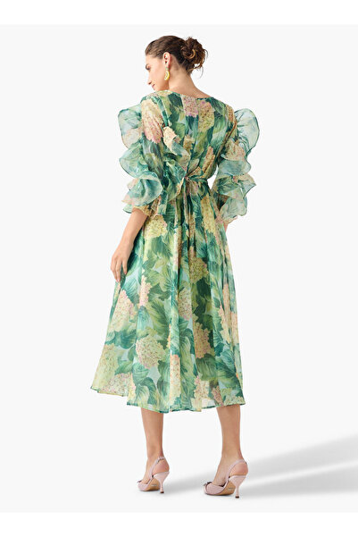 2Xtremz Floral Print Midi Dress with Ruffle Sleeves and Tie-Up Belt