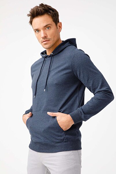 İgs Men's Indigo Modernfit / Extra Slim Fit Hooded Zipless Sweatshirt