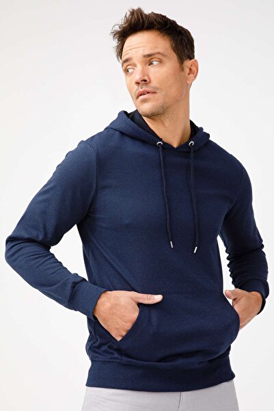 İgs Men's Navy Blue Modernfit / Extra Slim Fit Hooded Zipperless Sweatshirt