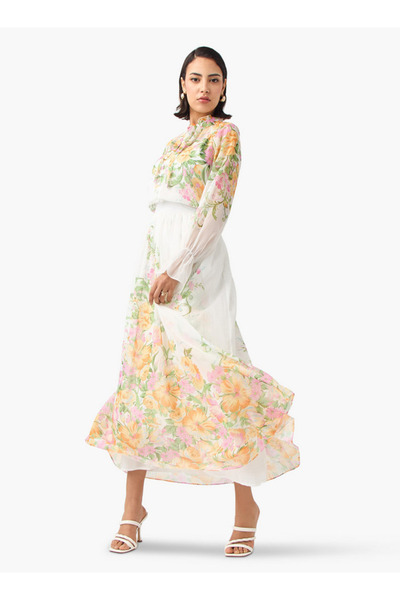 2Xtremz Floral Print Top with Pussy Bow Neck and Poet Sleeves