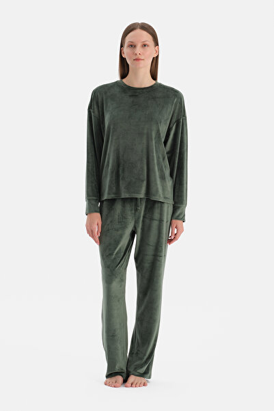 Dagi Dark Green Long Sleeve Velvet T-Shirt Pants Pajama Set
