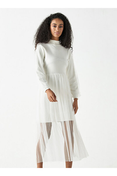 2Xtremz Mesh Textured Midi Dress With Long Sleeves And High Neck