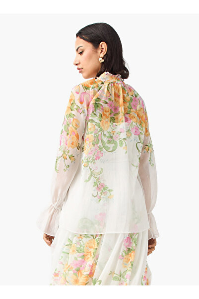 2Xtremz Floral Print Top with Pussy Bow Neck and Poet Sleeves