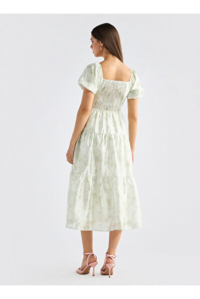 FAV Floral Print Tiered Dress with Sweetheart Neck and Short Sleeves
