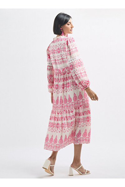FAV All-over Print Tiered Dress With Ruffled Collar And Tie-ups