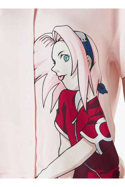 SP Characters Naruto Sakura Print Shirt With Camp Collar And Short Sleeves