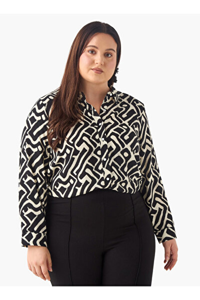 Ulla Popken Plus Size Ulla Popken Printed Shirt with Collar and Long Sleeves