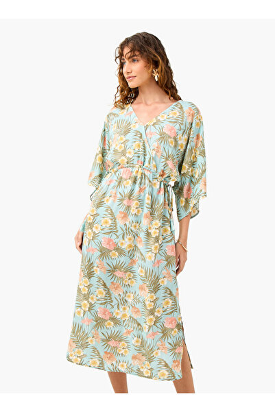 FAV فستان بطبعات الأزهار مع رقبة على شكل حرف V وتفاصيل ربطة عنق