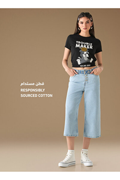 SP Characters Tom and Jerry Print Crew Neck T-shirt with Short Sleeves