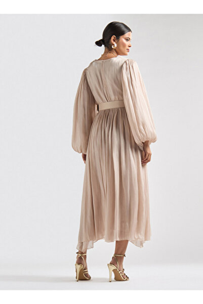 FAV Textured Belted Midi Dress With V-neck And Long Puff Sleeves