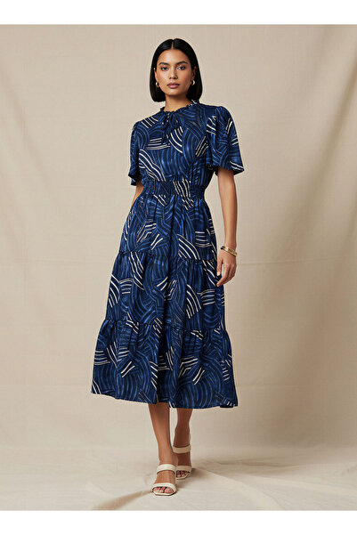 FAV فستان متوسط الطول من الفيسكوز بأكمام منفوشة