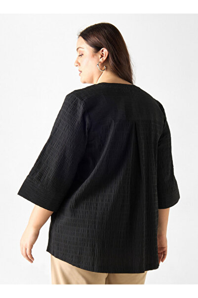 Ulla Popken Plus Size Ulla Popken Textured V-neck Top with 3/4 Sleeves