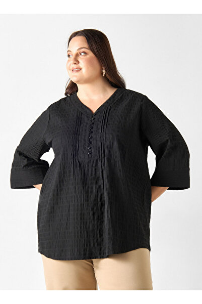 Ulla Popken Plus Size Ulla Popken Textured V-neck Top with 3/4 Sleeves