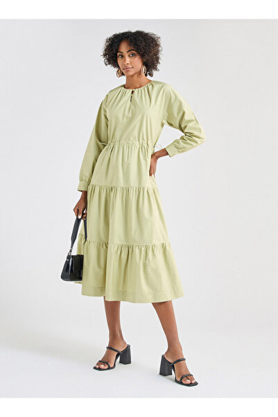 FAV Solid Tiered Long Sleeves Dress with Cord Lock Waist