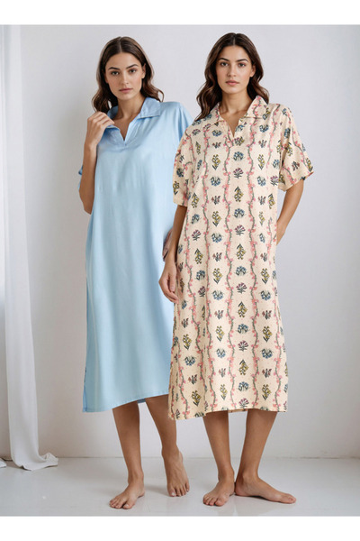 FAV قميص نوم فيسكوز مع ياقة - طقم من قطعتين