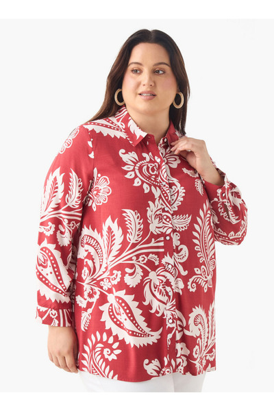 Ulla Popken Plus Size Ulla Popken Printed Shirt with Collar and Long Sleeves