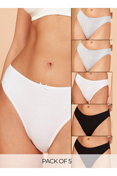 FAV مجموعة من 5 قطع - سراويل داخلية كلاسيكية بتفاصيل فيونكة وحاشية صدفية