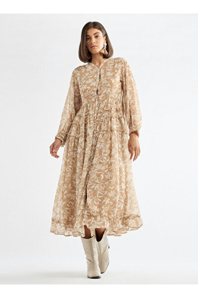 FAV Floral Print Midi Shirt Dress With Long Sleeves