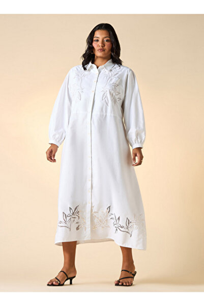 Ulla Popken Plus Size Ulla Popken Embroidered Midi Shirt Dress