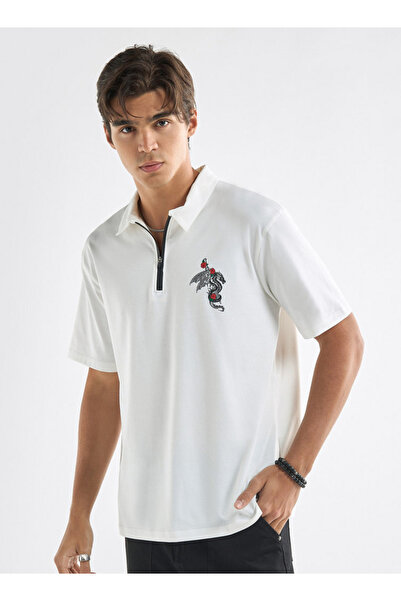 FAV Typographic Print Polo T-shirt with Short Sleeves and Zip Closure