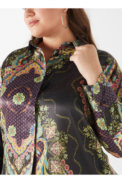 Ulla Popken Plus Size Ulla Popken Printed Shirt with Collar and Long Sleeves