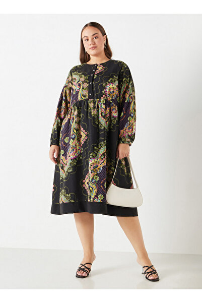 Ulla Popken Plus Size Ulla Popken All-Over Floral Print Midi Dress with Long Sleeves