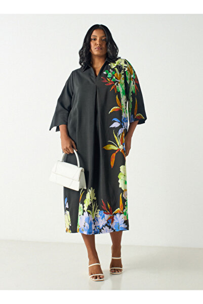 Ulla Popken Plus Size Floral Print Midi Dress With Collar And 3/4 Sleeves