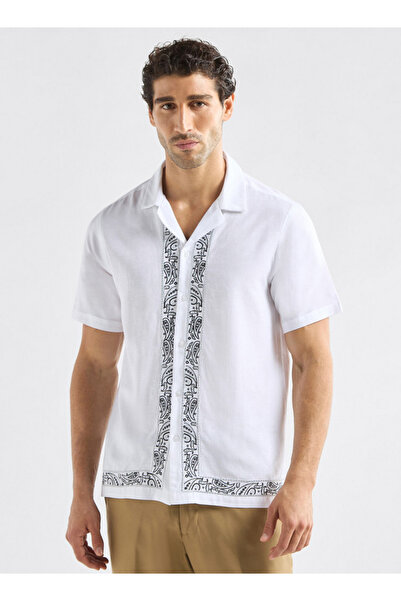 FAV Regular Fit Embroidered Shirt with Camp Collar and Short Sleeves