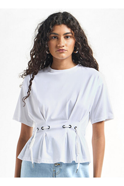 FAV Pleated Top with Short Sleeves and Crew Neck