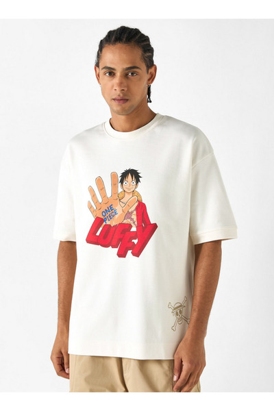 SP Characters Luffy Print T-shirt with Short Sleeves and Crew Neck