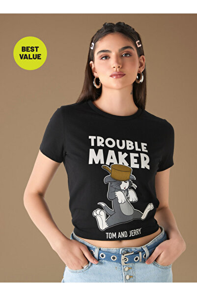 SP Characters Tom and Jerry Print Crew Neck T-shirt with Short Sleeves