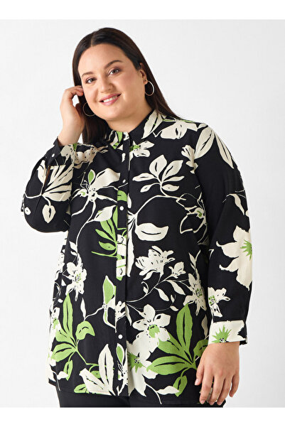 Ulla Popken Plus Size Floral Print Shirt With Button Closure
