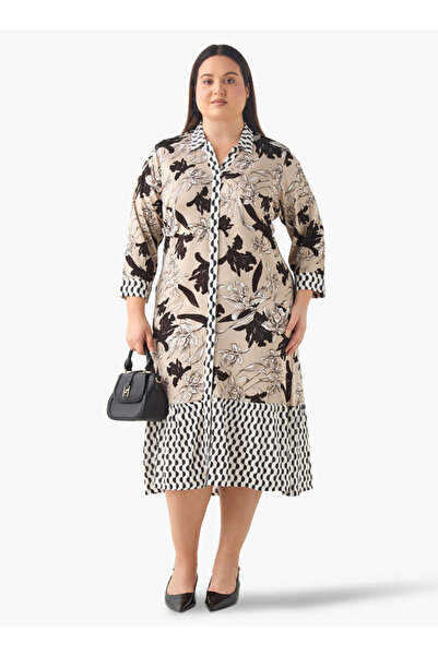 Ulla Popken Plus Size Ulla Popken Floral Print Shirt Dress with Collar and Long Sleeves