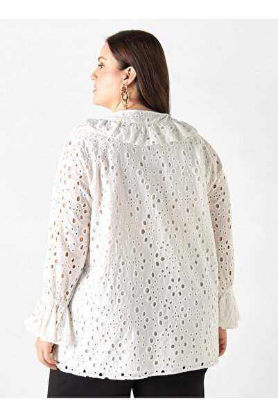 Ulla Popken Plus Size Ulla Popken All-Over Embroidered Top with Ruffles and Bell Sleeves
