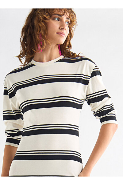 FAV Striped Bodycon Dress with Round Neck and 3/4 Sleeves