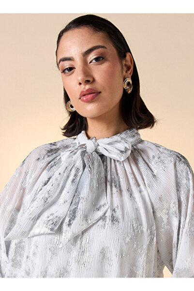 Iconic Foil Print Top with Long Sleeves and Bow Tie Detail