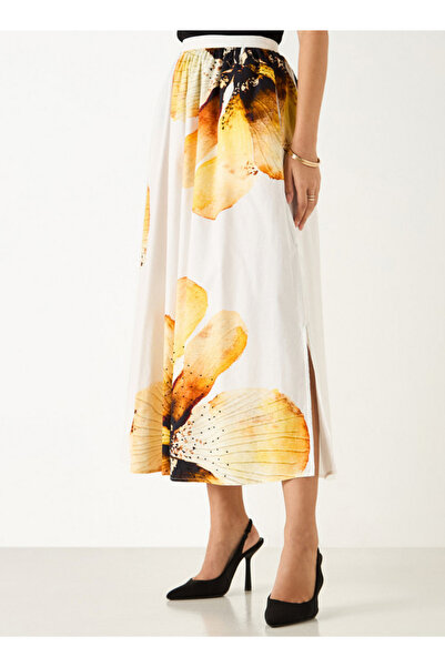 Iconic تنورة ميدي بطبعة زهور مع حزام خصر مطاطي