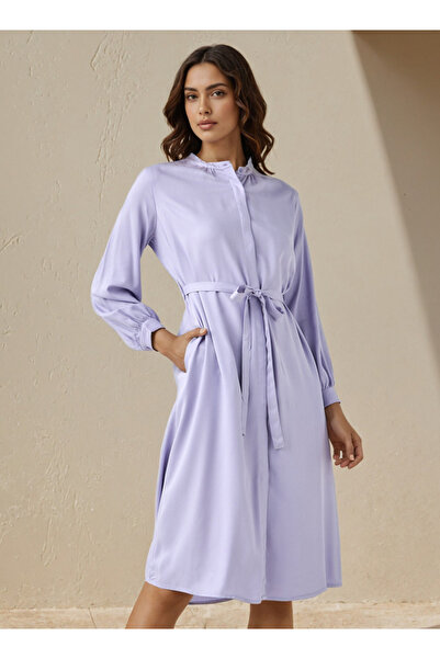 FAV Shirt Midi Rayon Dress with Mandarin Collar