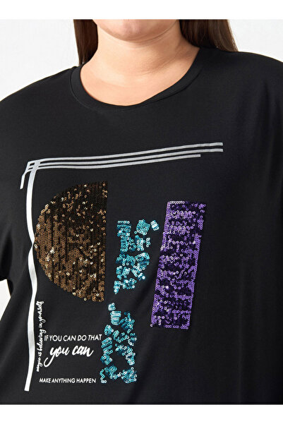 Ulla Popken Plus Size Ulla Popken Embellished T-shirt with Long Sleeves and Round Neck