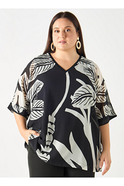 Ulla Popken Plus Size Ulla Popken All-Over Print V-neck Top with Short Sleeves