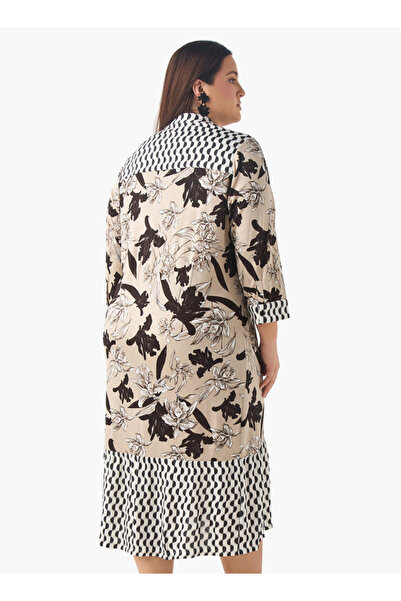 Ulla Popken Plus Size Ulla Popken Floral Print Shirt Dress with Collar and Long Sleeves